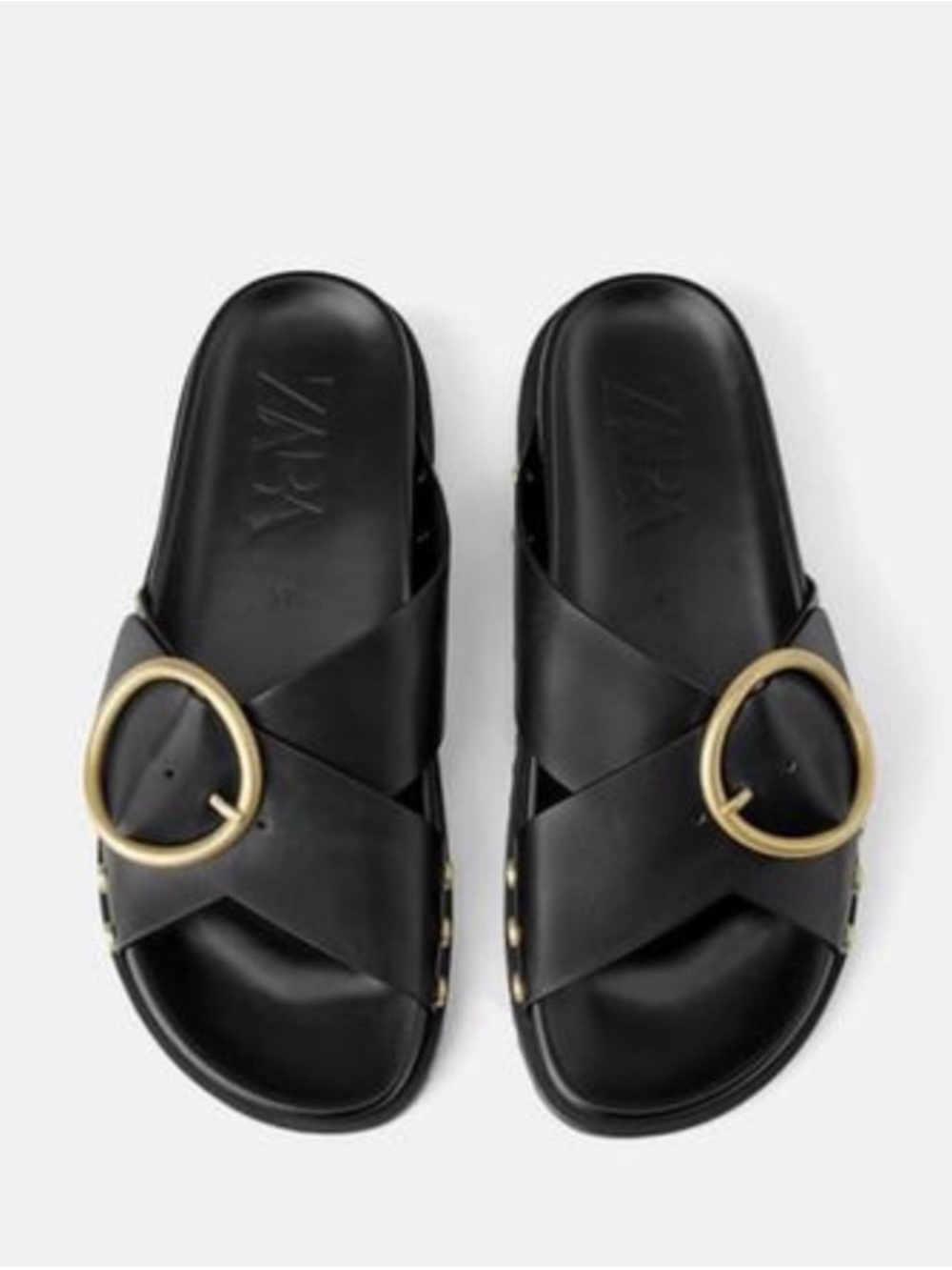 Zara Black Leather Slide Sandals with Gold Accents